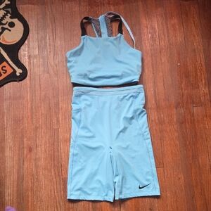 Nike Sky Blue Racerback Sports Bra & Biker Shorts Set